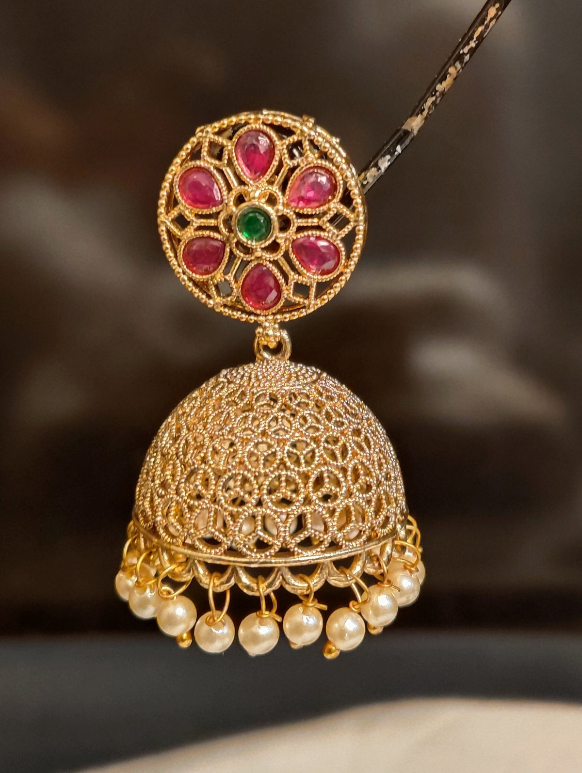 Pakistani Ruby, Emerald Gold Filigree Polki Jhumka with Pearl Roz Jewellers.