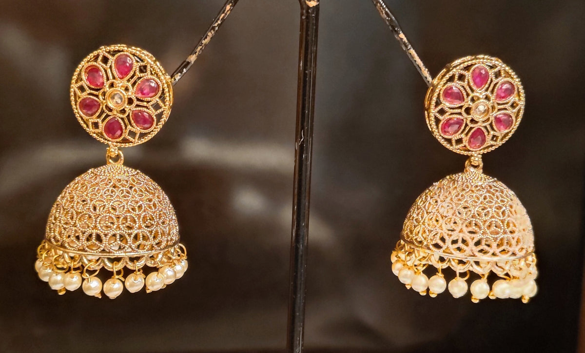 Royal Ruby Teardrop with Gold Filigree Polki Jhumkas with Pearl Roz Jewellers.