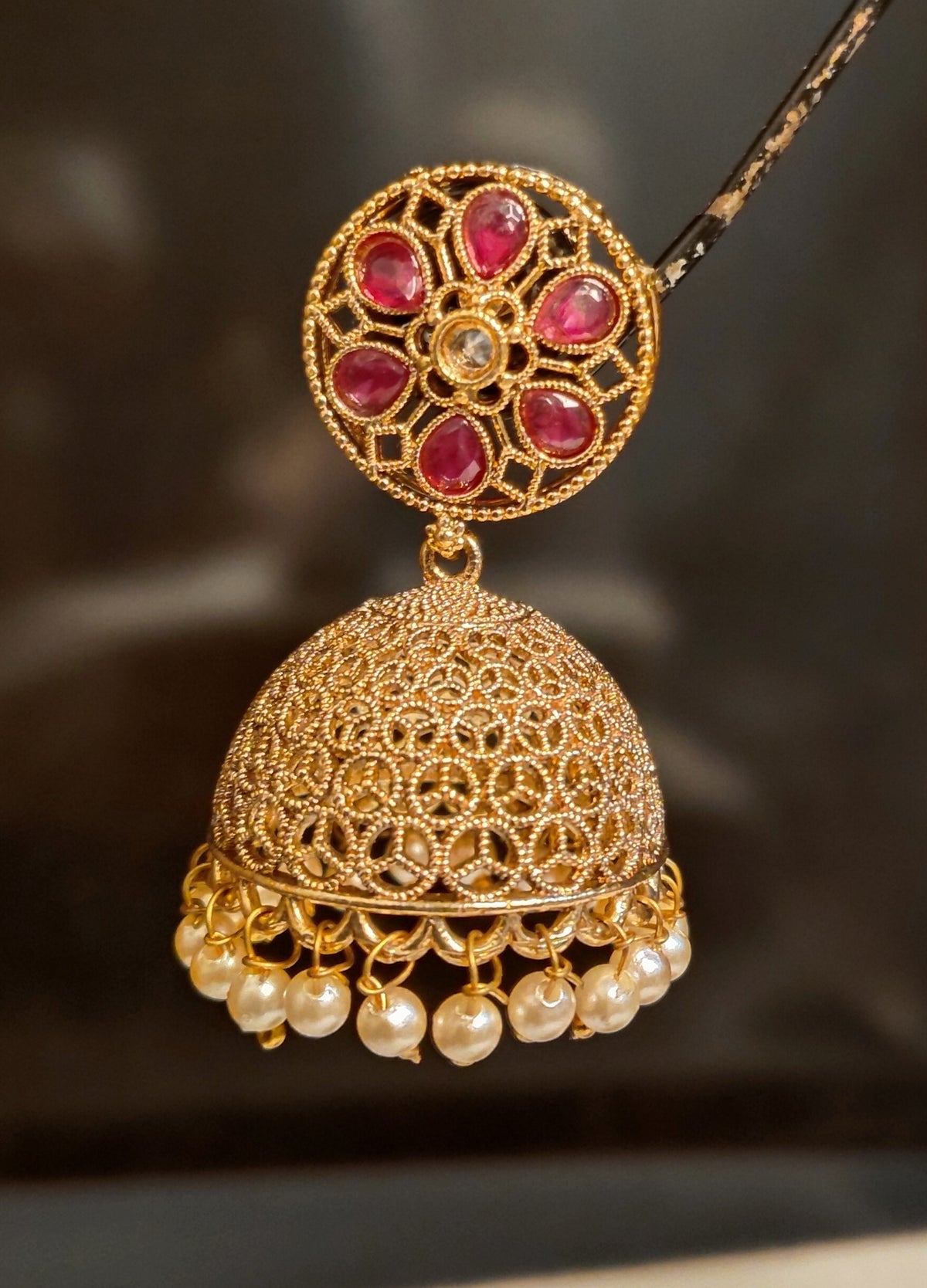 Royal Ruby Teardrop with Gold Filigree Polki Jhumkas with Pearl Roz Jewellers.