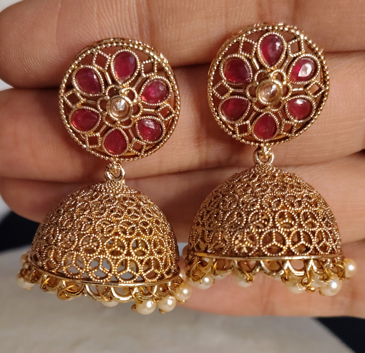 Royal Ruby Teardrop with Gold Filigree Polki Jhumkas with Pearl Roz Jewellers.