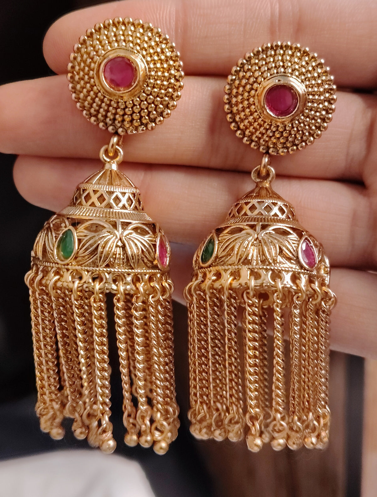 Fringe Royal Ruby Polki Jhumkas with Emerald For Women Roz Jewellers.