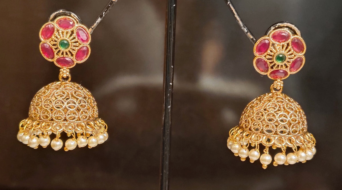 Floral Motif Ruby Oval Polki Pearl Earrings For Women Roz Jewellers.