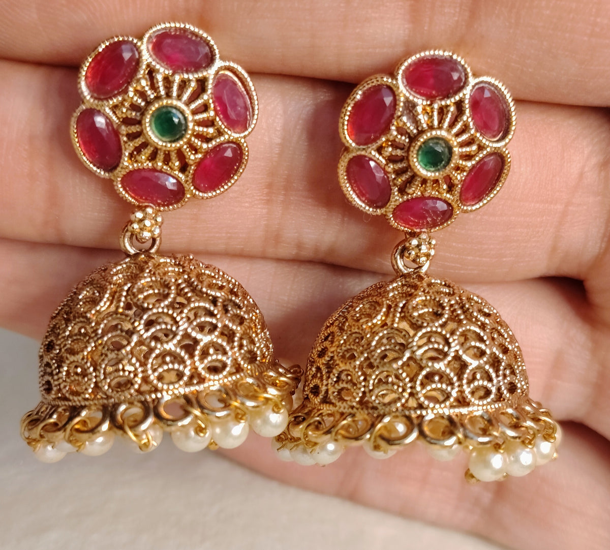 Floral Motif Ruby Oval Polki Pearl Earrings For Women Roz Jewellers.