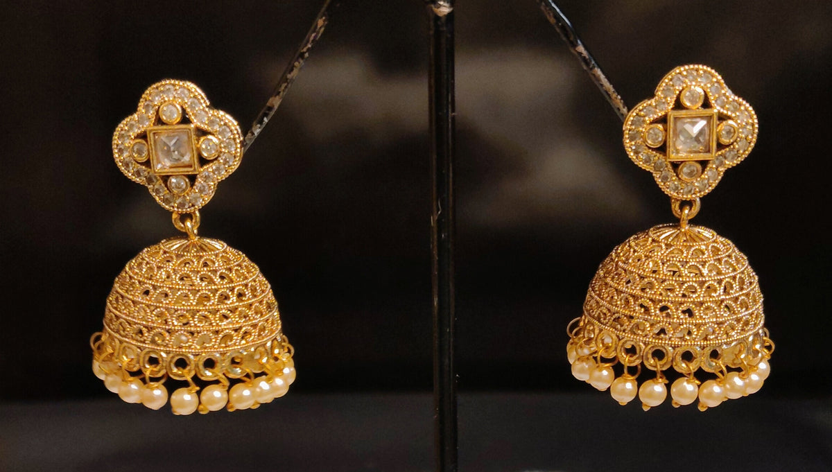 Pakistani Floral Pearl, Polki Stones Earrings For Women Roz Jewellers.