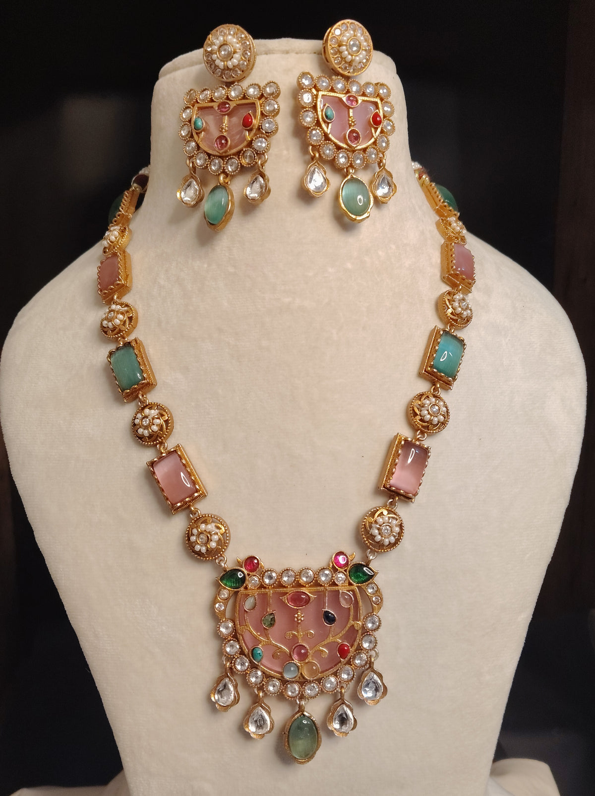 Traditional Moissanite Pastel Pink, Mint Green Long Necklace Set Roz Jewellers.