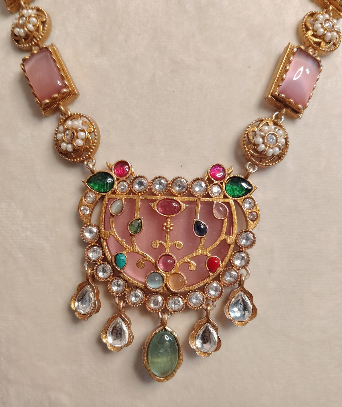 Traditional Moissanite Pastel Pink, Mint Green Long Necklace Set Roz Jewellers.