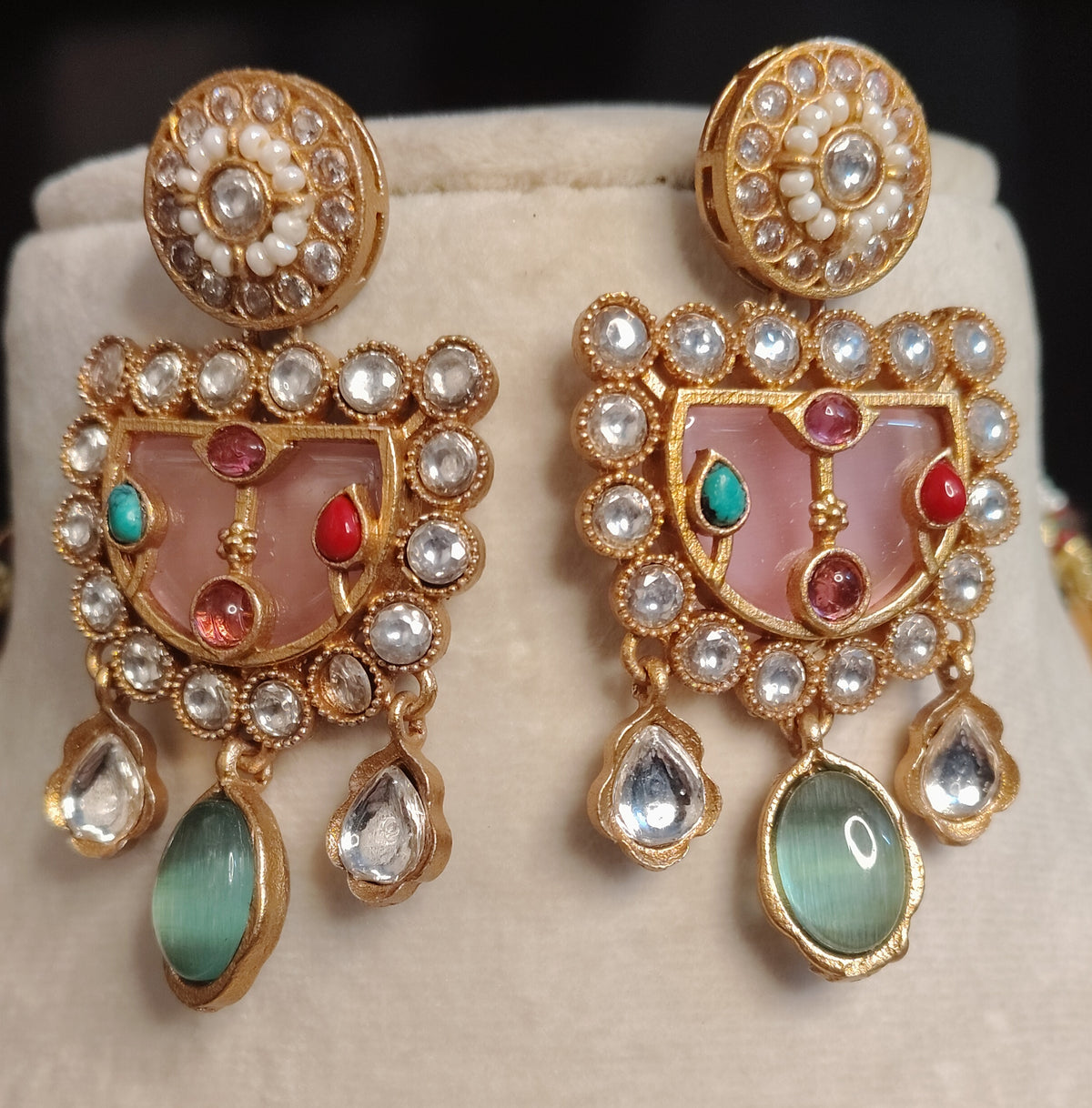 Traditional Moissanite Pastel Pink, Mint Green Long Necklace Set Roz Jewellers.
