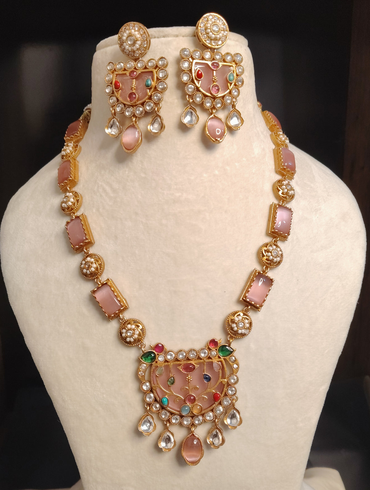 Gold-Plated Moissanite Blush Pink Long Necklace Set for Women Roz Jewellers.