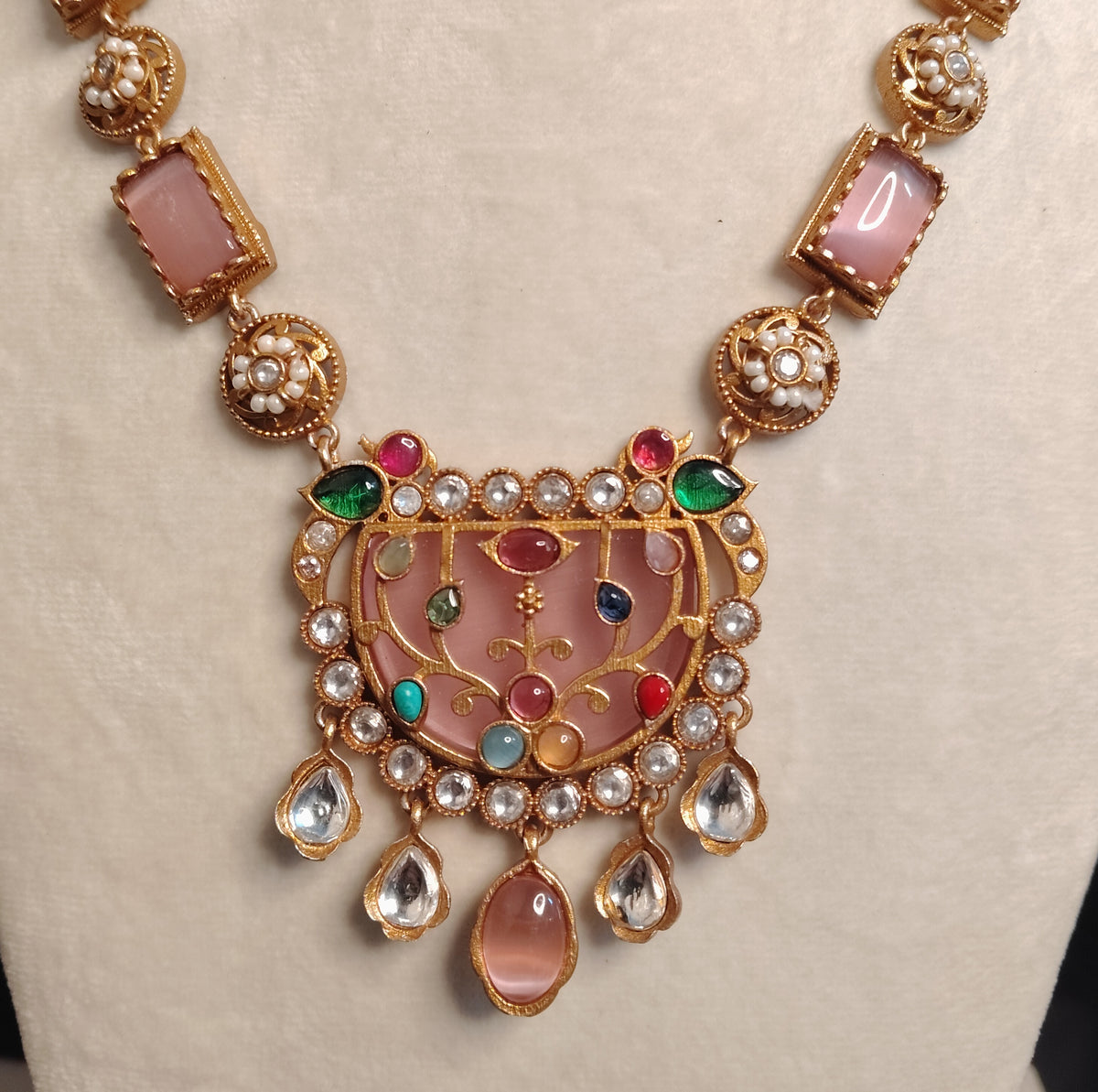 Gold-Plated Moissanite Blush Pink Long Necklace Set for Women Roz Jewellers.