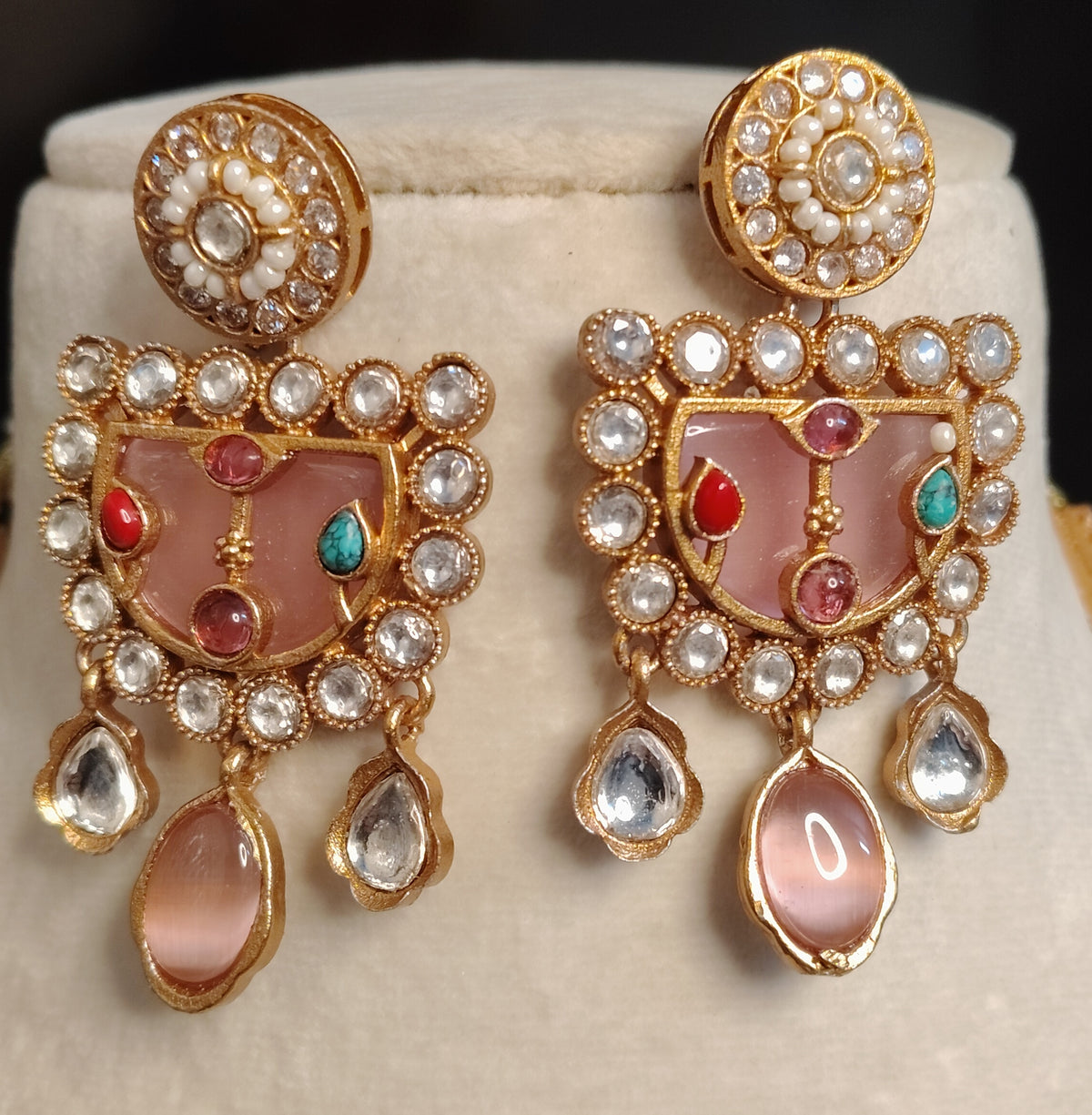 Gold-Plated Moissanite Blush Pink Long Necklace Set for Women Roz Jewellers.