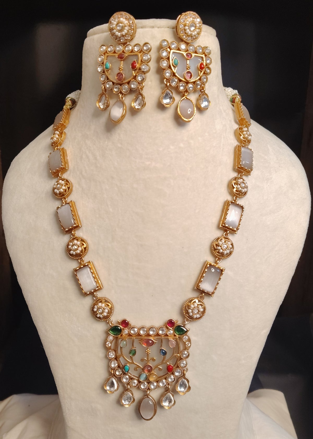 Gold-Plated Moissanite Gray Long Necklace Set for Women Jewellery Roz Jewellers.