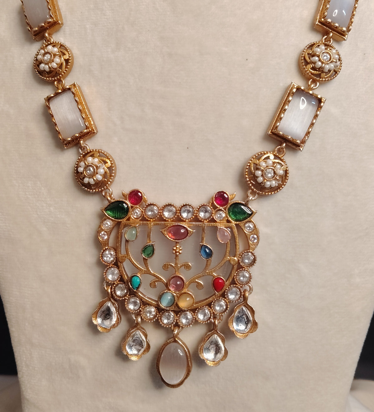Gold-Plated Moissanite Gray Long Necklace Set for Women Jewellery Roz Jewellers.