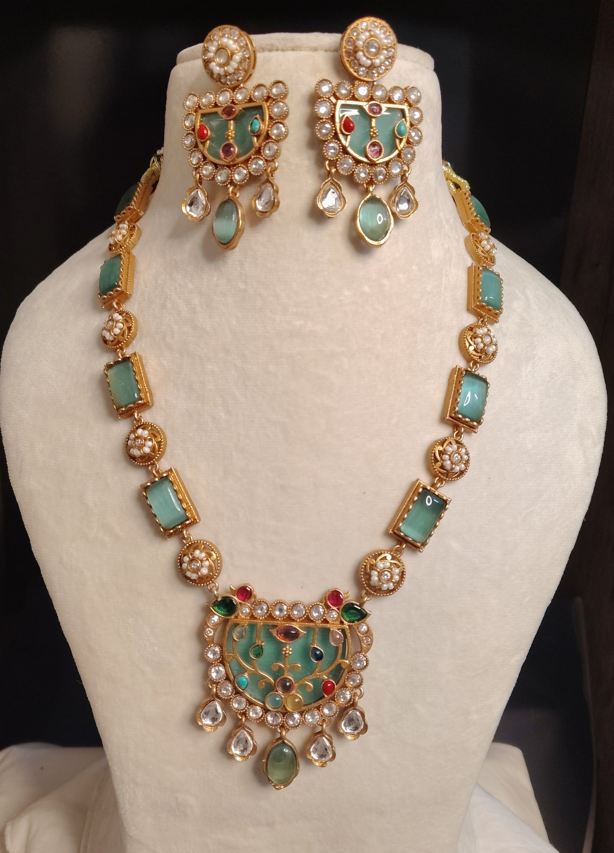 Gold-Plated Moissanite Blue Long Necklace Set for Women Jewellery Roz Jewellers.