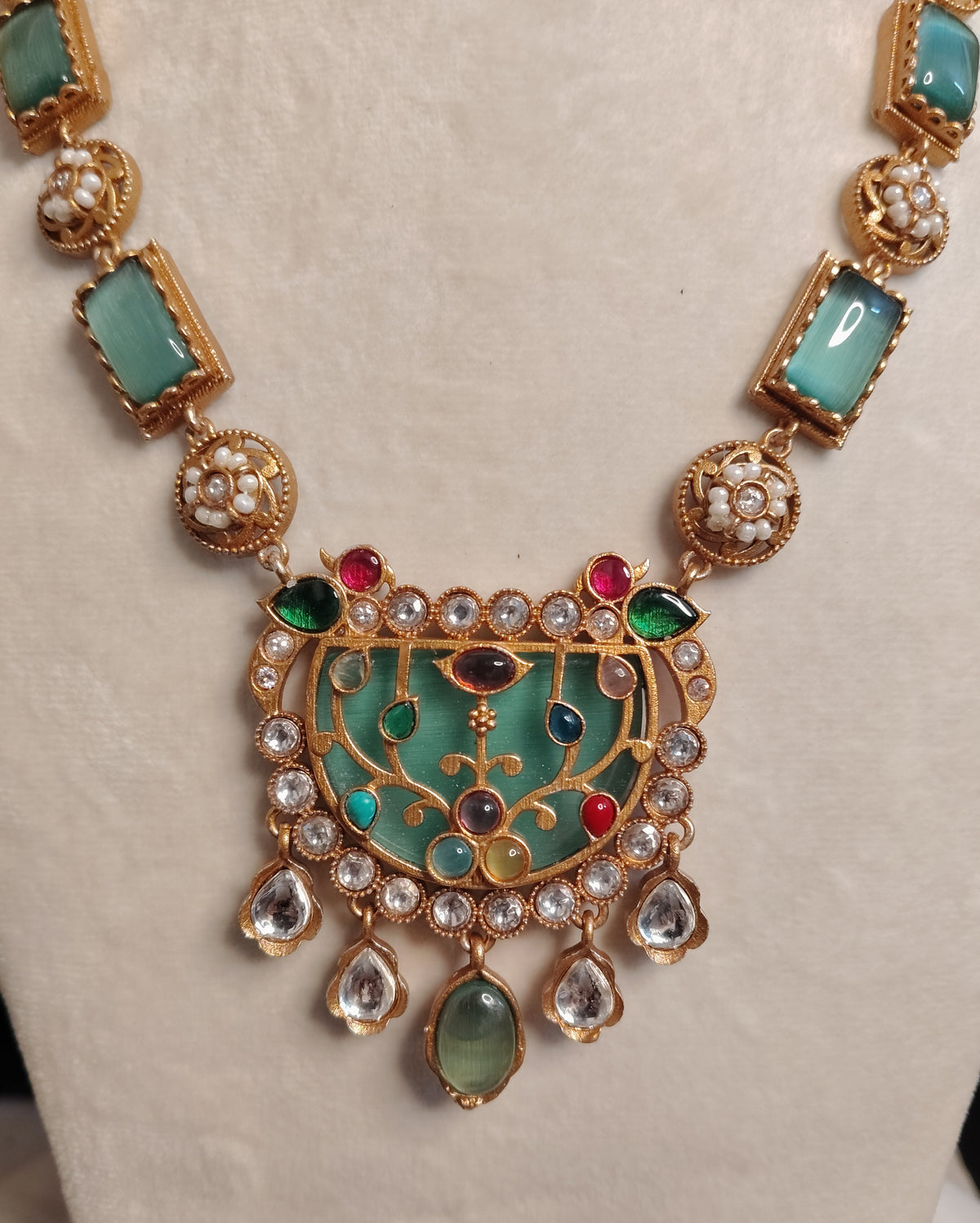 Gold-Plated Moissanite Blue Long Necklace Set for Women Jewellery Roz Jewellers.