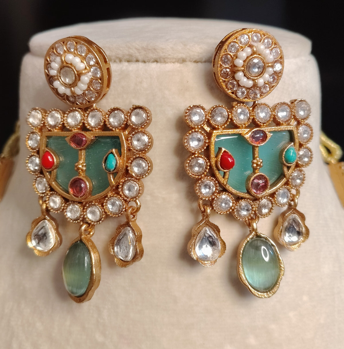 Gold-Plated Moissanite Blue Long Necklace Set for Women Jewellery Roz Jewellers.