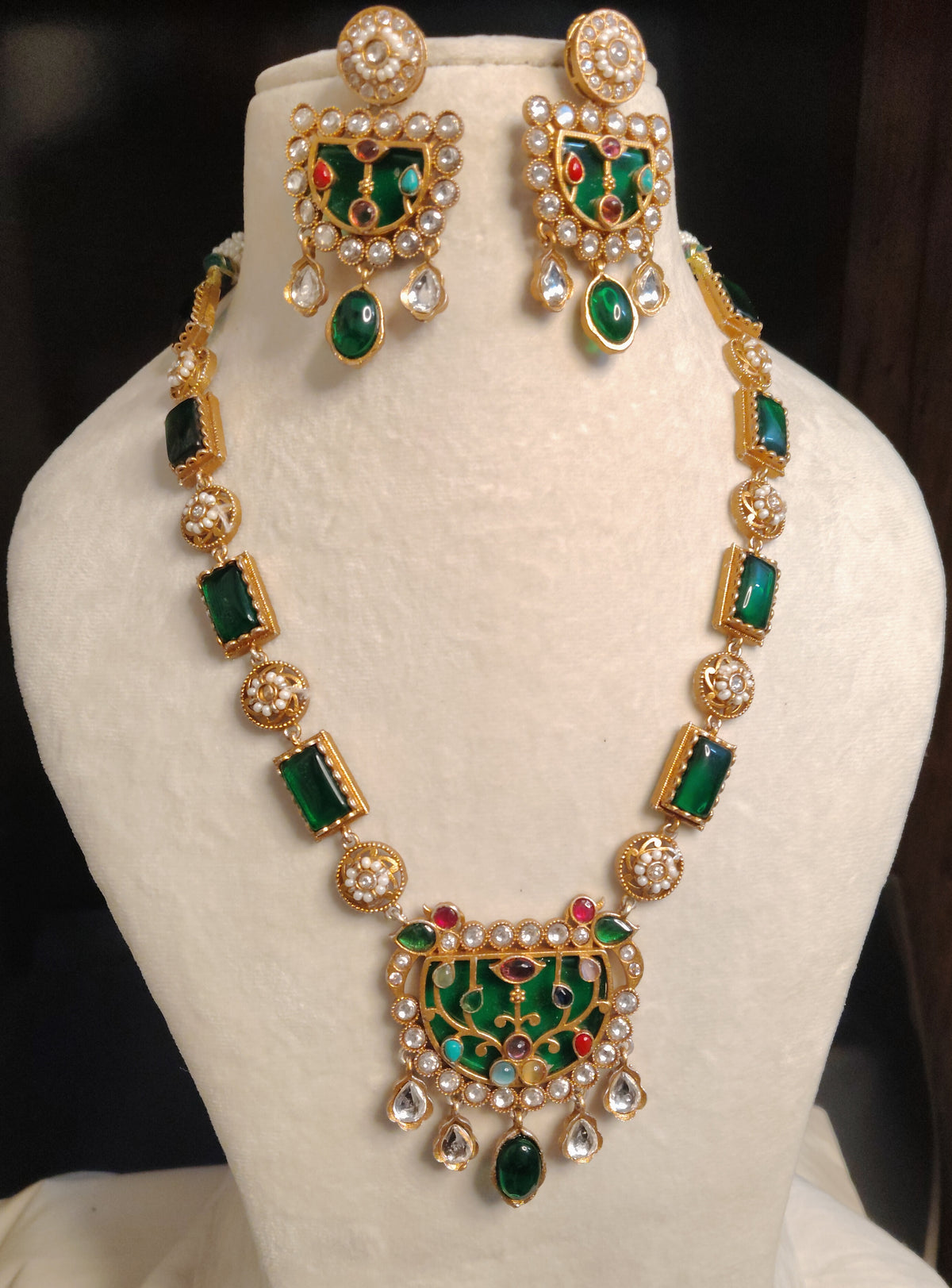 Gold-Plated Emerald Moissanite Long Necklace Set for Women Roz Jewellers.