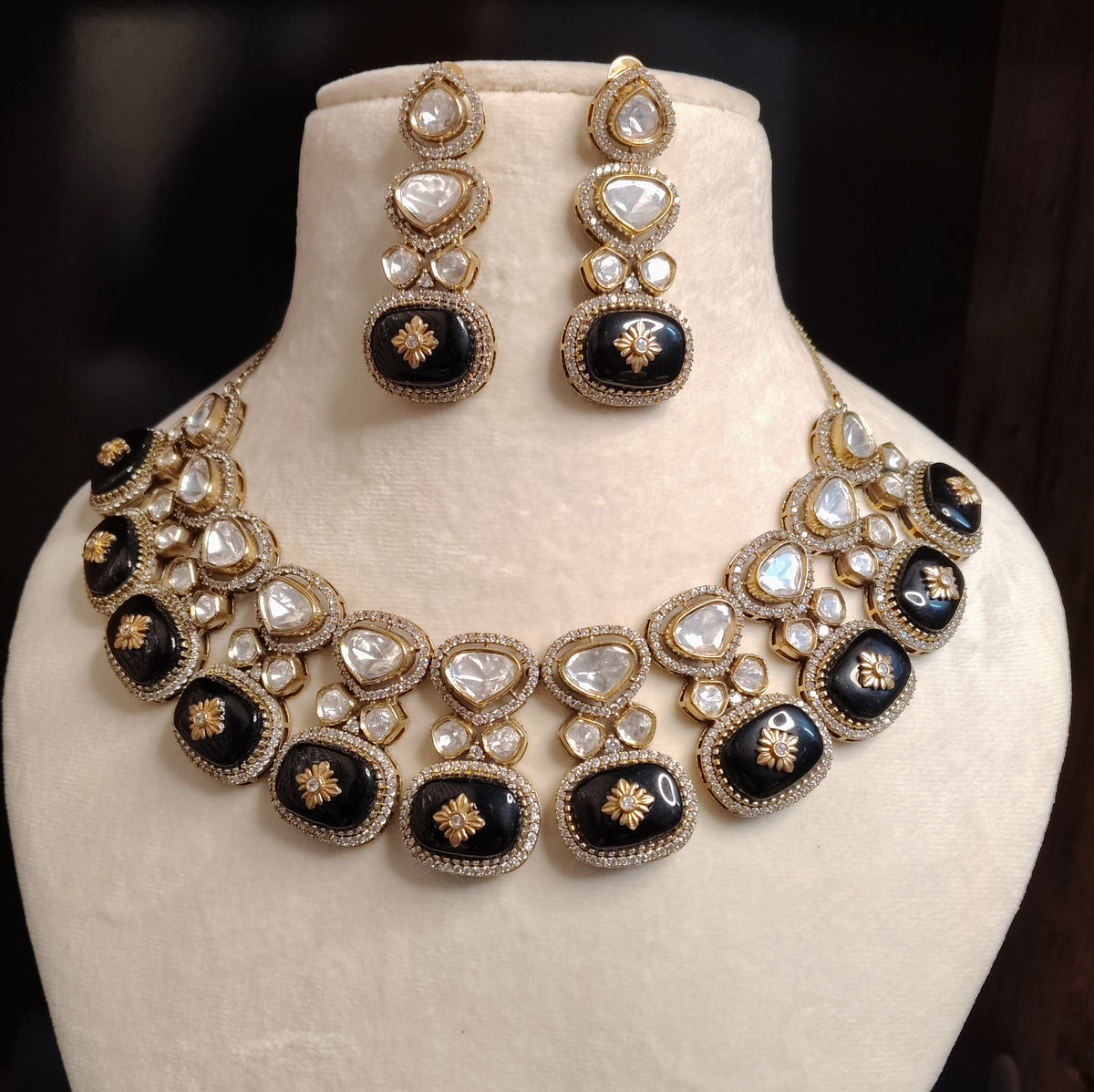 Regal Black Moissanite Floral Drop Necklace for Women Roz Jewellers.
