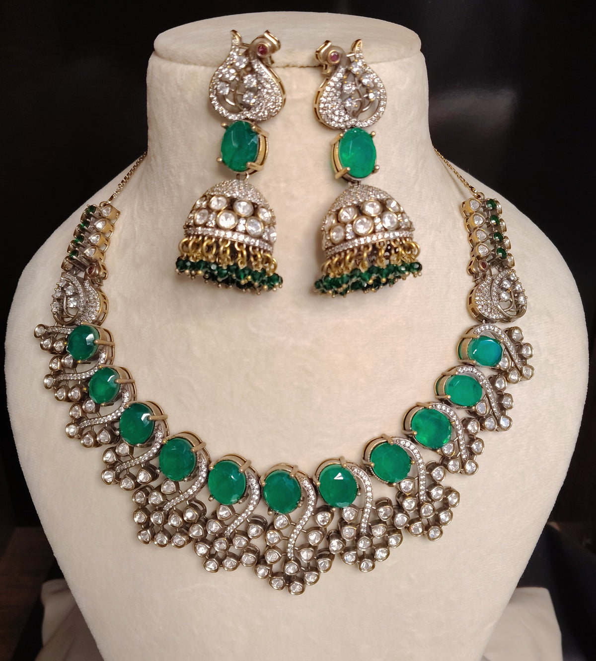 Gold-Plated Moissanite Emerald Stones Set with Matching Earrings Roz Jeweller.