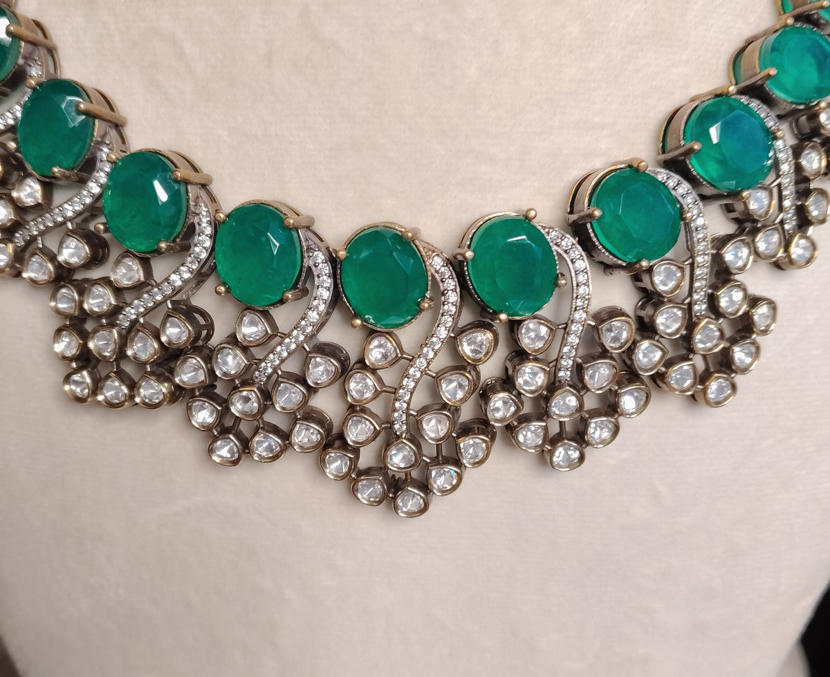 Gold-Plated Moissanite Emerald Stones Set with Matching Earrings Roz Jeweller.