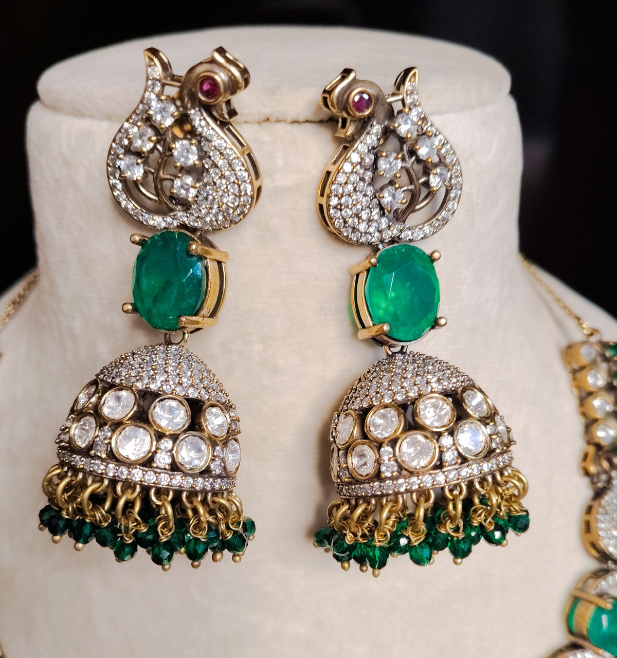 Gold-Plated Moissanite Emerald Stones Set with Matching Earrings Roz Jeweller.