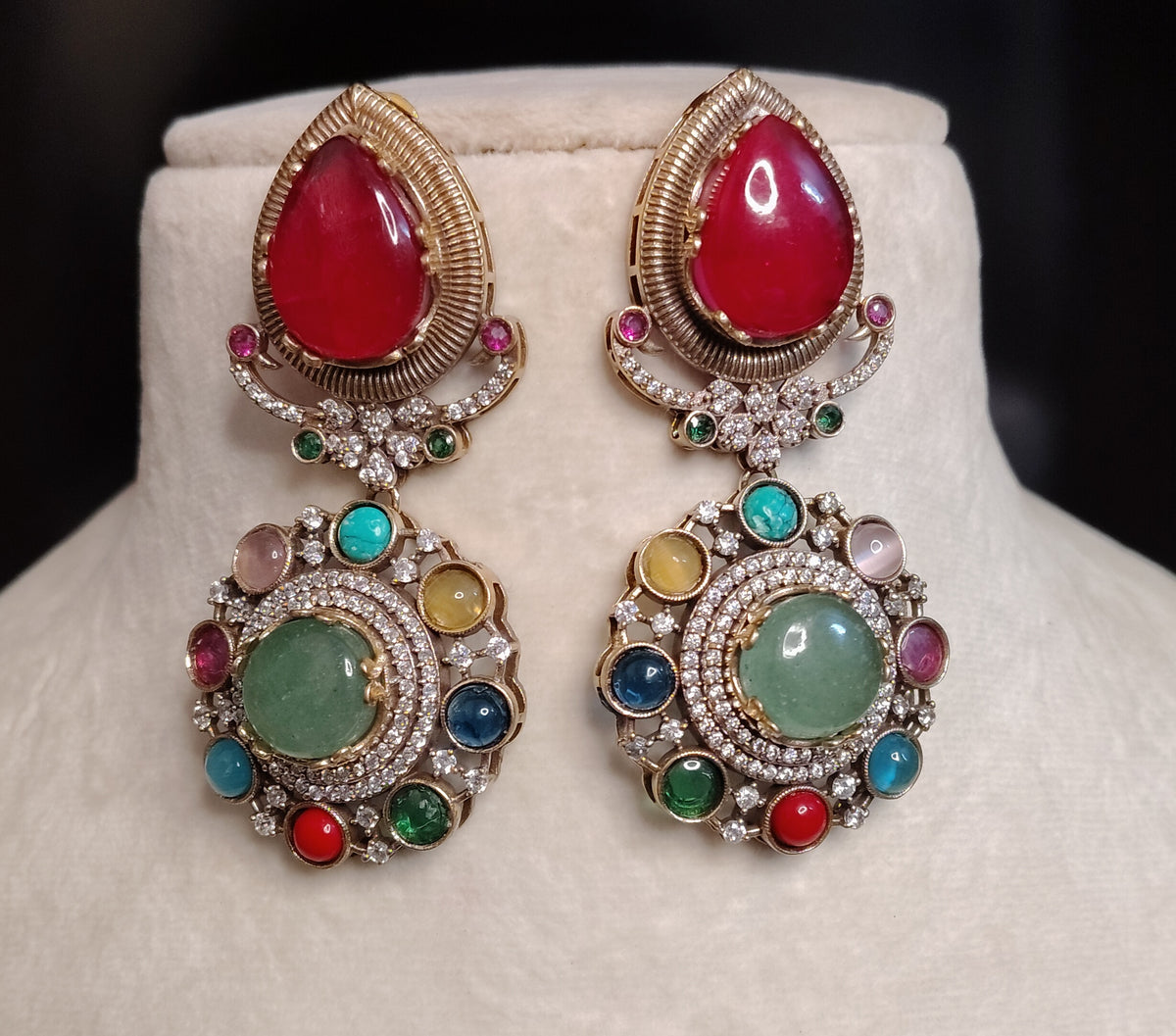 Gold-Finish Moissanite Ruby Red and Pale Green Drop Earrings ROZ Jewellers.