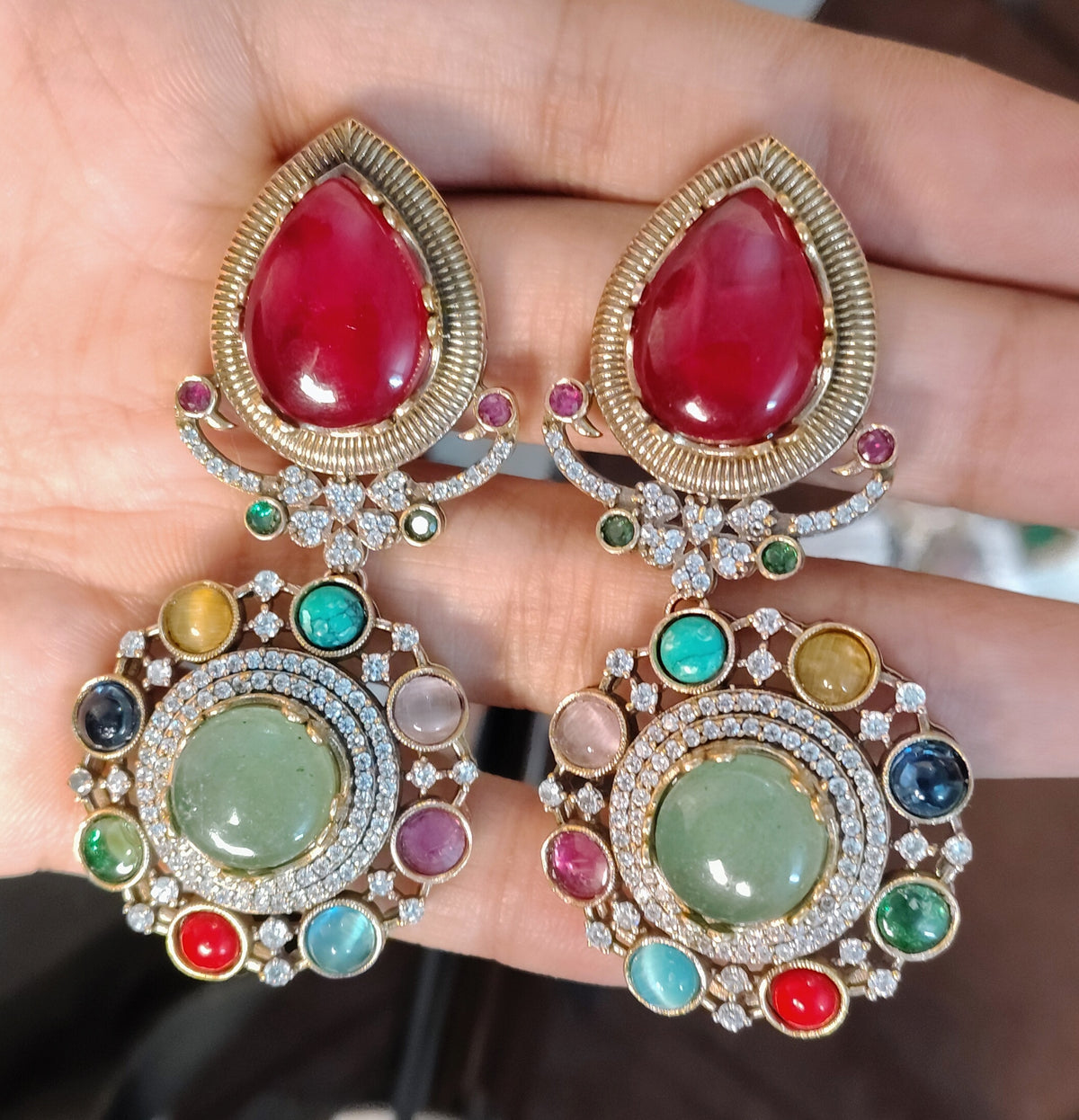 Gold-Finish Moissanite Ruby Red and Pale Green Drop Earrings ROZ Jewellers.
