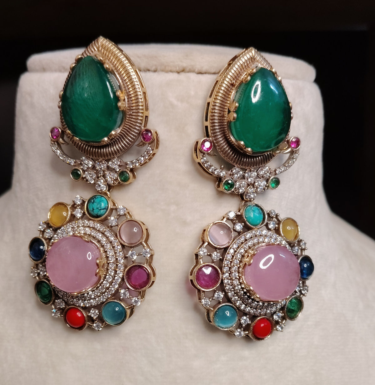 Gold-Finish Moissanite Emerald Green and Blush Pink Drop Earrings ROZ Jewellers
