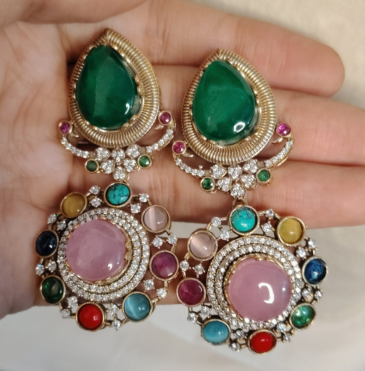 Gold-Finish Moissanite Emerald Green and Blush Pink Drop Earrings ROZ Jewellers