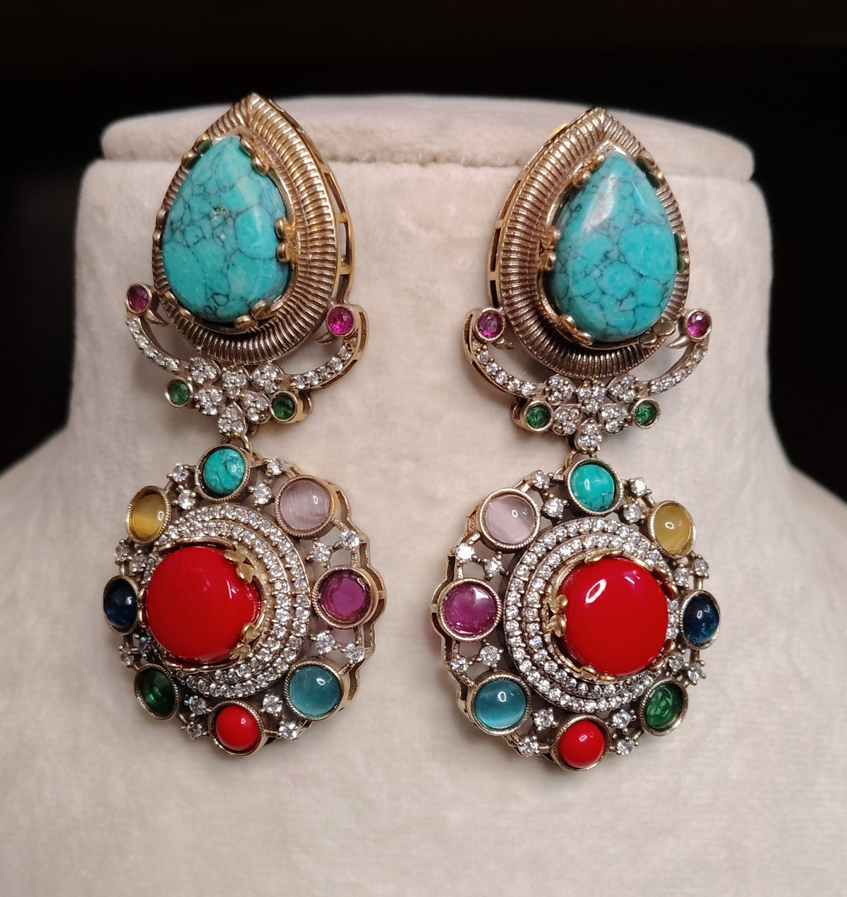 Traditional Gold-Finish Moissanite Blue and Red Drop Earrings ROZ Jewellers