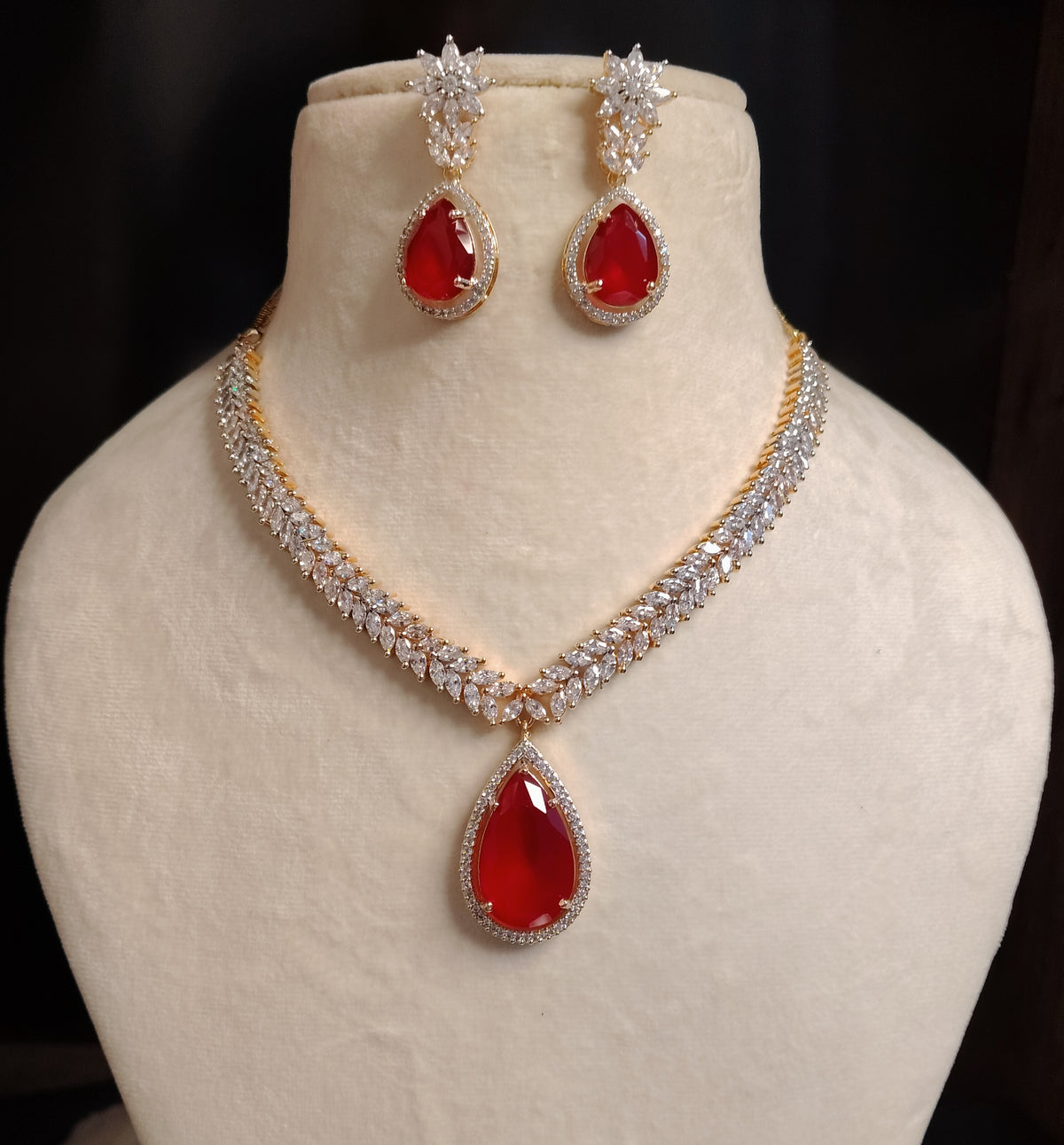 Elegant Flexible American Diamond with Ruby Centre Stone Necklace ROZ Jewellers.