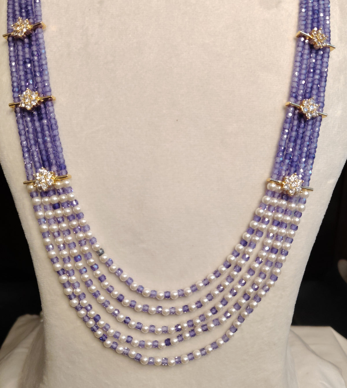 Multi Strand Pearl Lavender AD Necklace American Diamond Bridal Wedding Roz Jewellers.