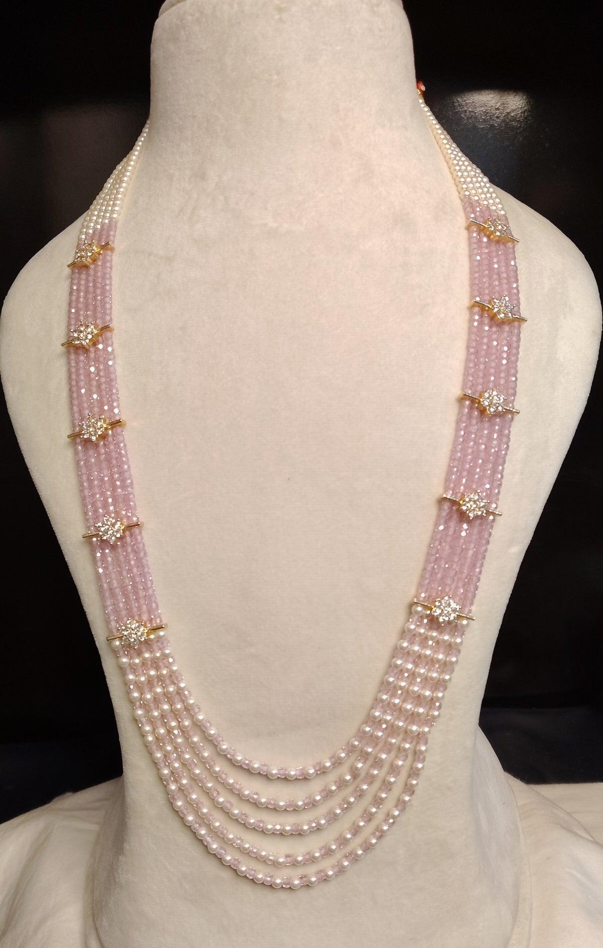 Blush Pink Pearl Multi Strand Necklace American Diamond AD Party Wear Bridal Roz Jewellers.