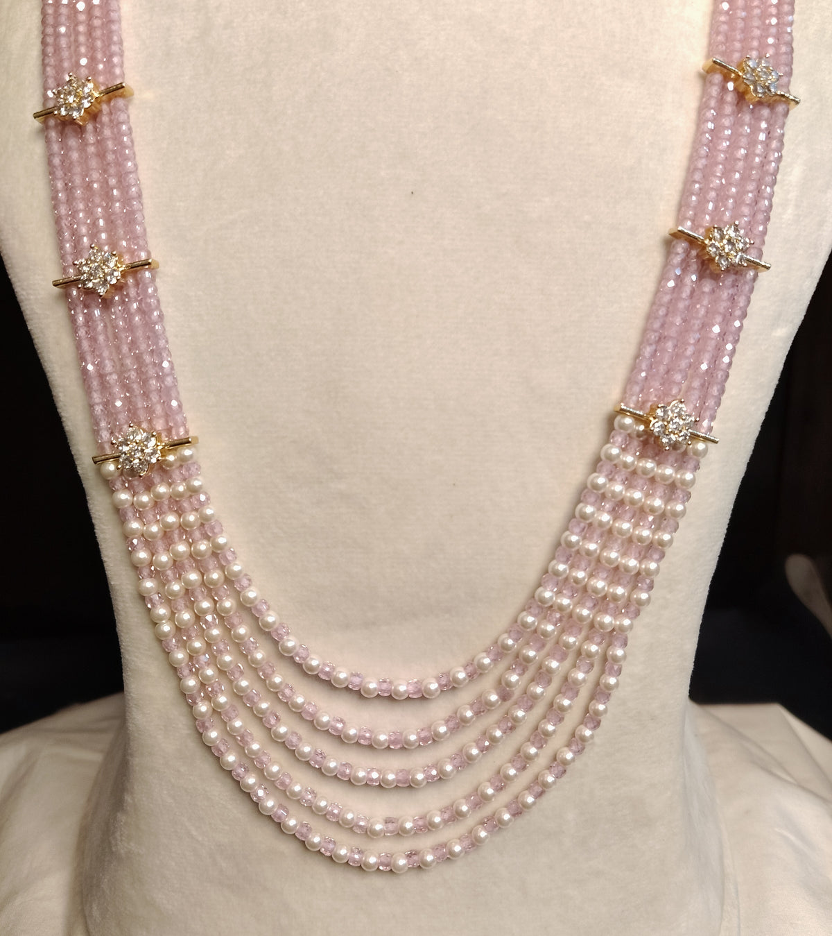 Blush Pink Pearl Multi Strand Necklace American Diamond AD Party Wear Bridal Roz Jewellers.