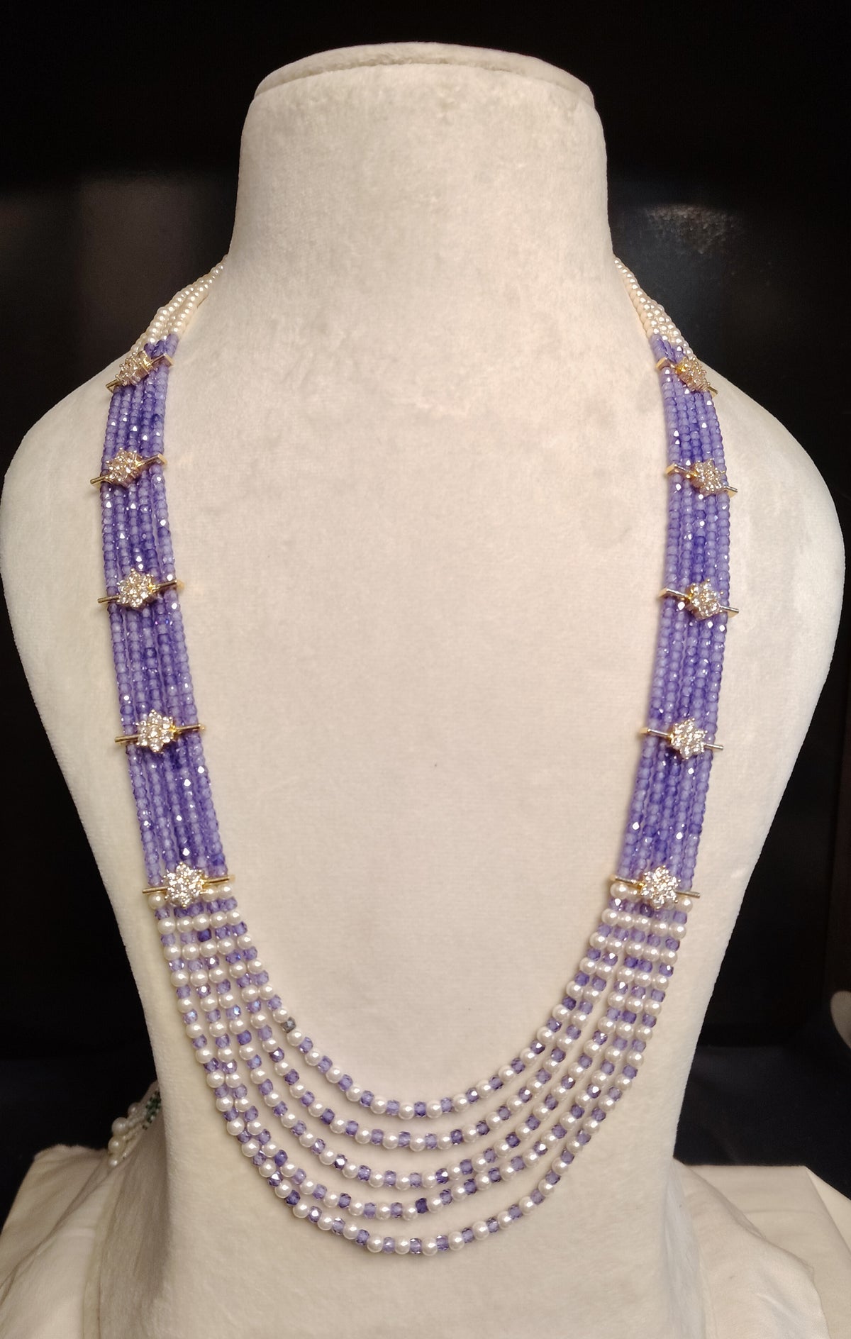 Multi Strand Pearl Lavender AD Necklace American Diamond Bridal Wedding Roz Jewellers.