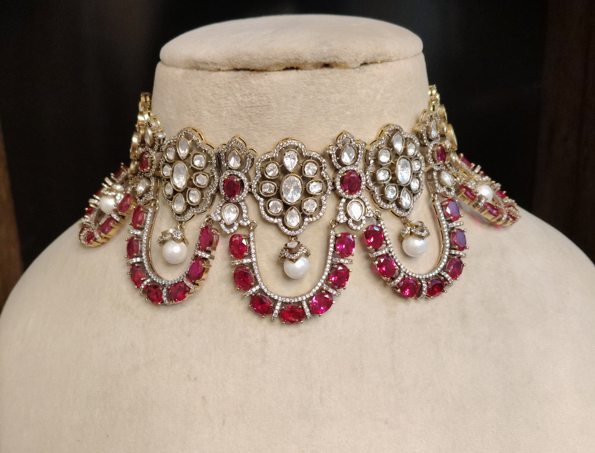 Luxury Royal Ruby Pink Moissanite Choker Necklace Bridal Wedding Party Jewellery
