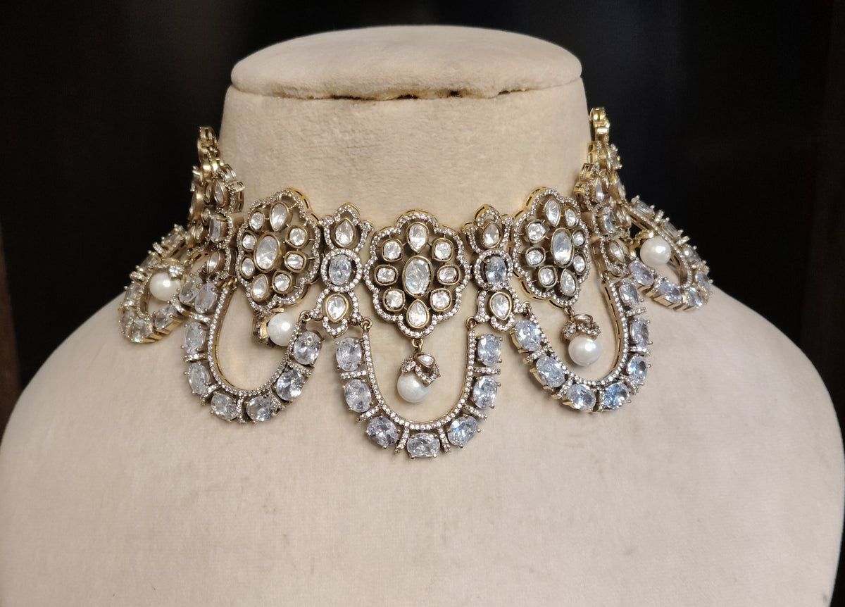 White Moissanite Choker Necklace Bridal Wedding Jewellery Luxury Statement Set.