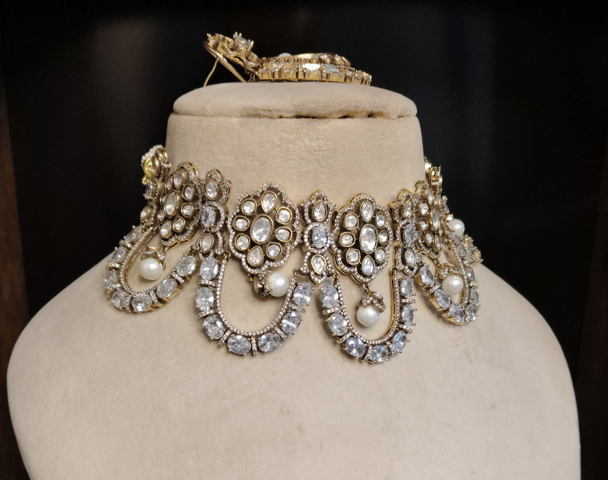White Moissanite Choker Necklace Bridal Wedding Jewellery Luxury Statement Set.