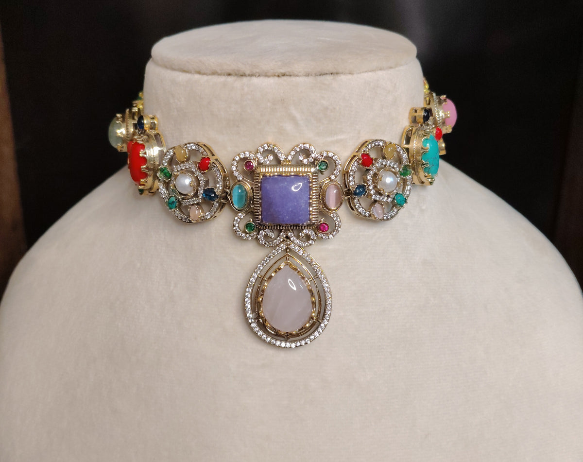 Elegant White Moissanite Multicolour Choker Necklace Wedding Ethnic Jewellery