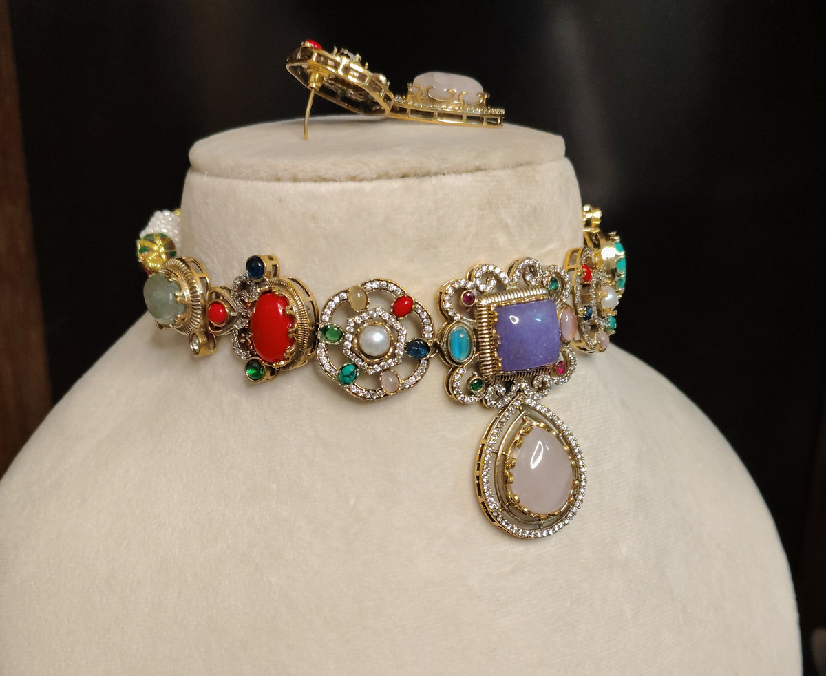 Elegant White Moissanite Multicolour Choker Necklace Wedding Ethnic Jewellery