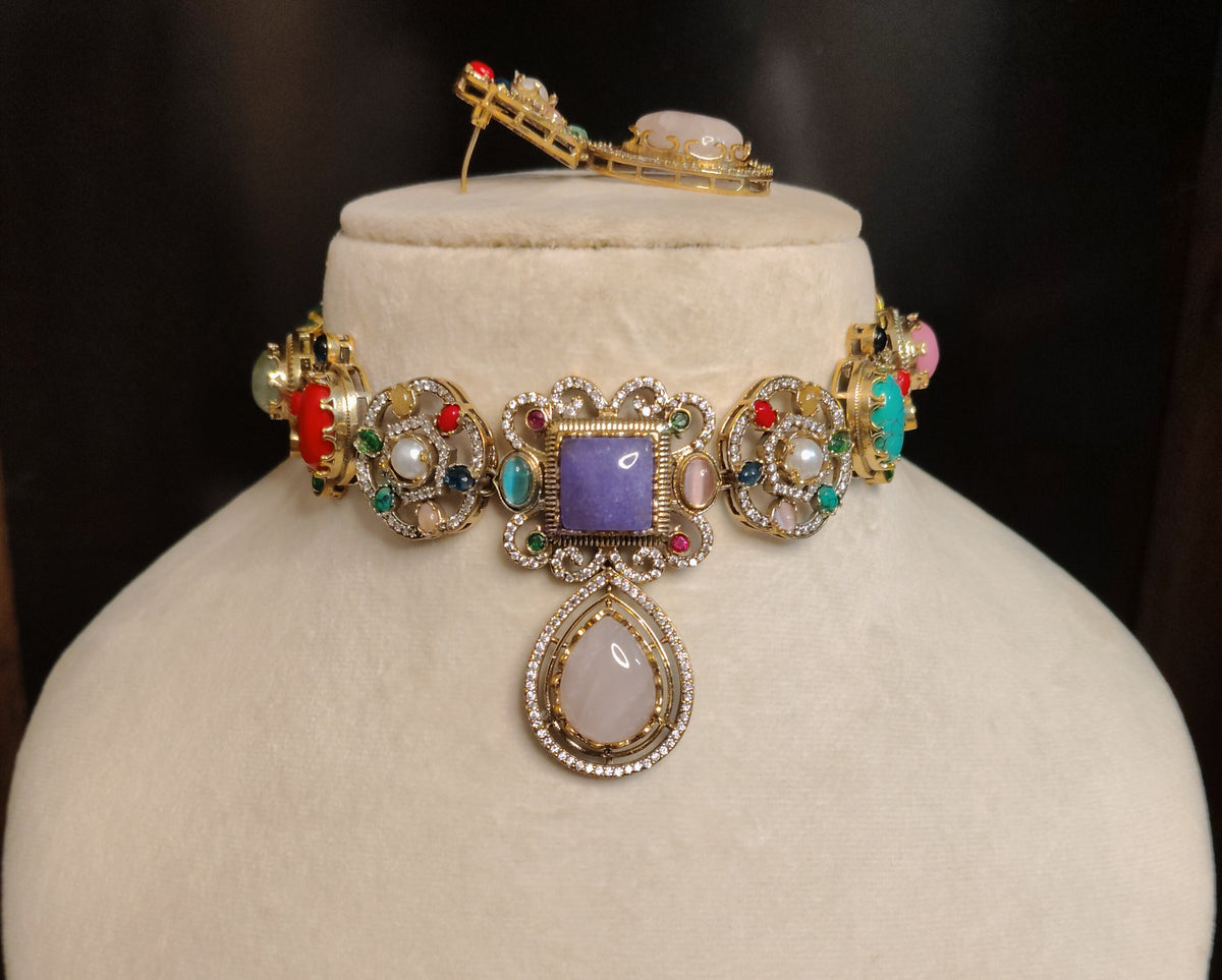 Elegant White Moissanite Multicolour Choker Necklace Wedding Ethnic Jewellery