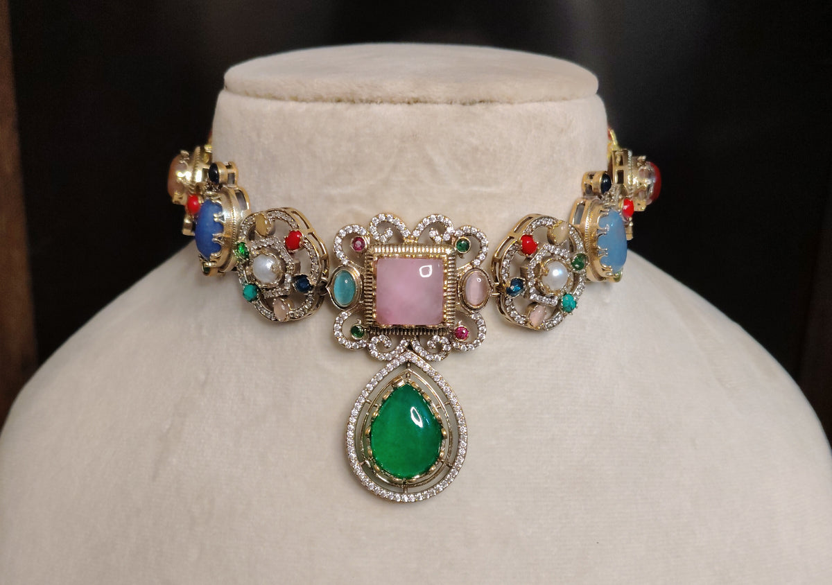 Emerald Multicolour Moissanite Choker Necklace Indian Bridal Wedding Jewellery Roz Jewellers