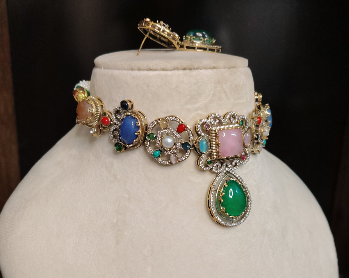 Emerald Multicolour Moissanite Choker Necklace Indian Bridal Wedding Jewellery Roz Jewellers