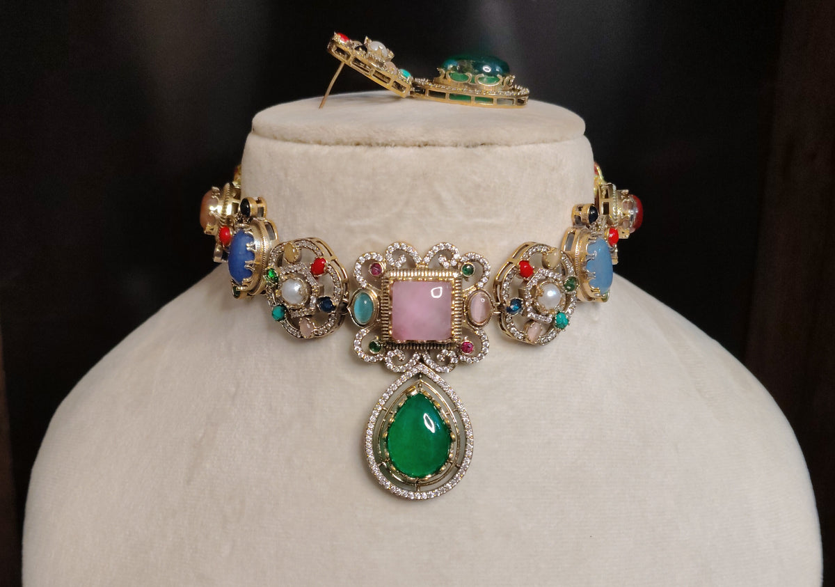 Emerald Multicolour Moissanite Choker Necklace Indian Bridal Wedding Jewellery Roz Jewellers