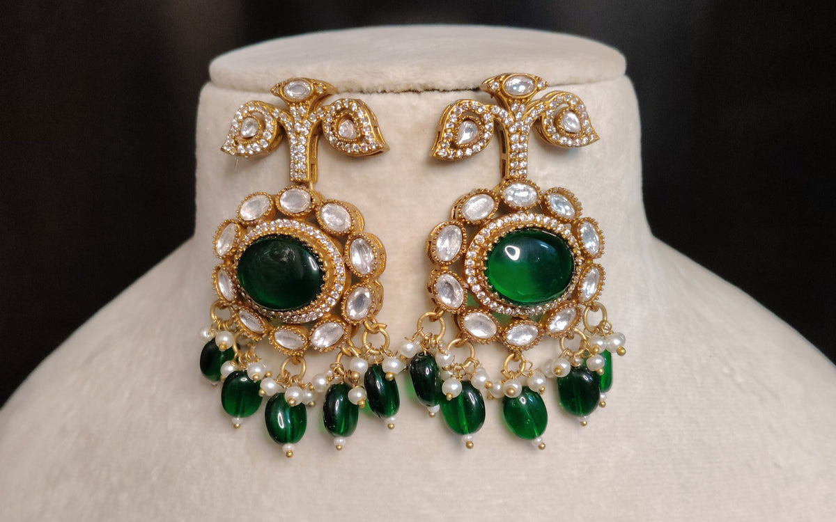 Luxury Emerald Moissanite Indian Necklace Set Bridal Wedding Jewelry Earrings Roz Jewellers