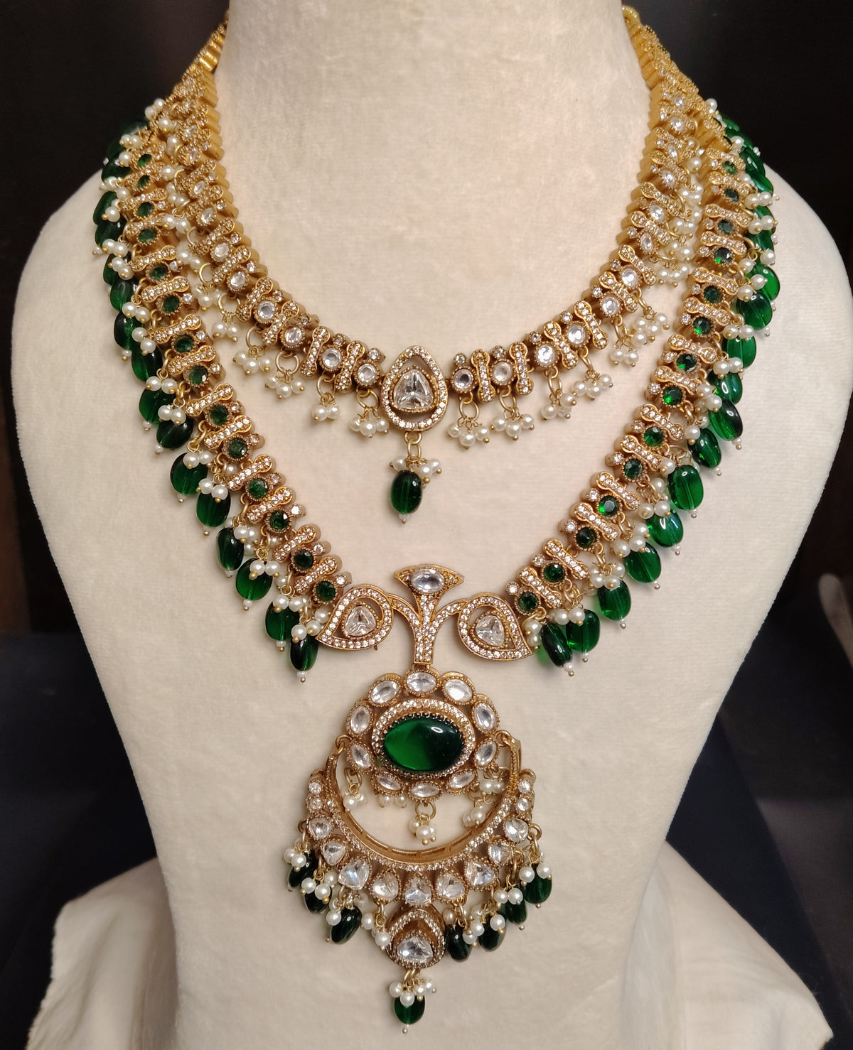 Luxury Emerald Moissanite Indian Necklace Set Bridal Wedding Jewelry Earrings Roz Jewellers