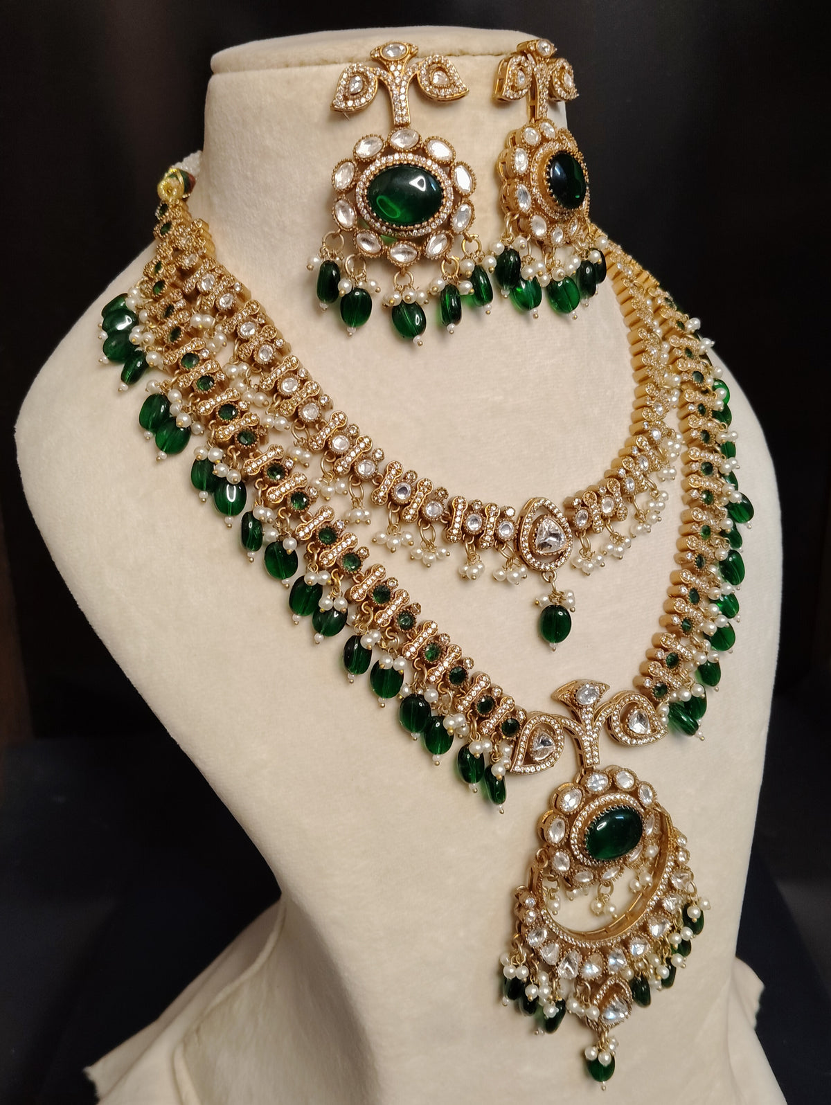 Luxury Emerald Moissanite Indian Necklace Set Bridal Wedding Jewelry Earrings Roz Jewellers