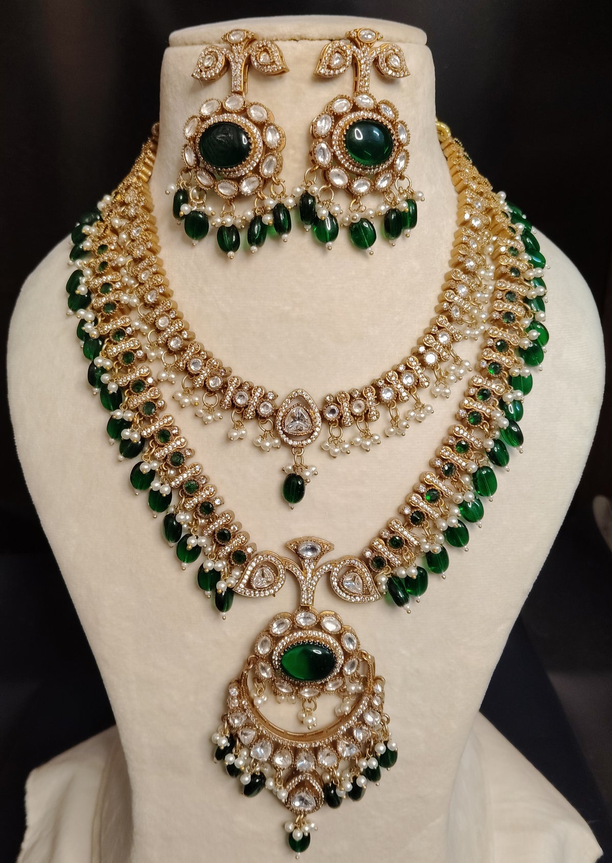 Luxury Emerald Moissanite Indian Necklace Set Bridal Wedding Jewelry Earrings Roz Jewellers