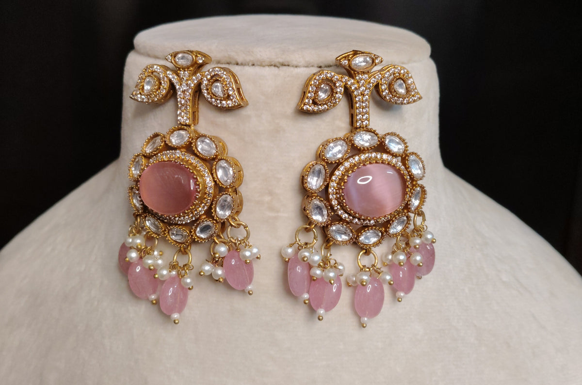 Indian Bridal Blush Pink Moissanite Necklace Set Traditional Wedding Earrings Roz Jewellers