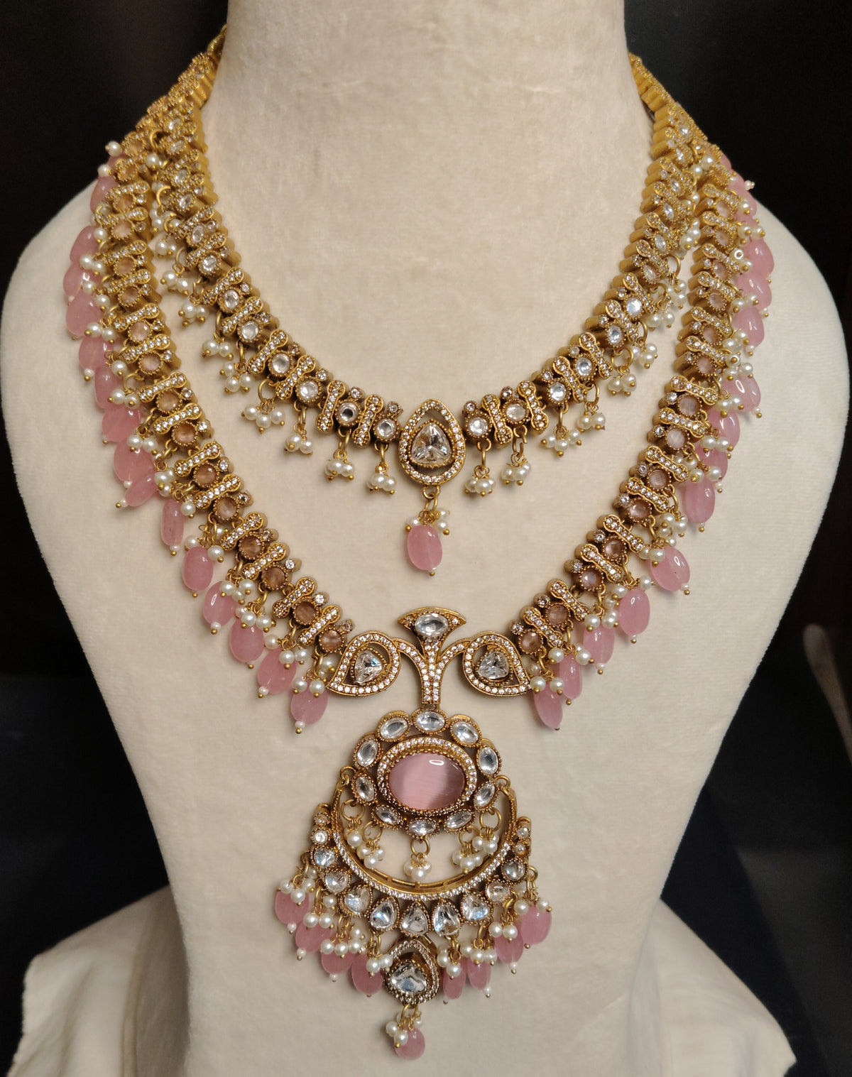 Indian Bridal Blush Pink Moissanite Necklace Set Traditional Wedding Earrings Roz Jewellers