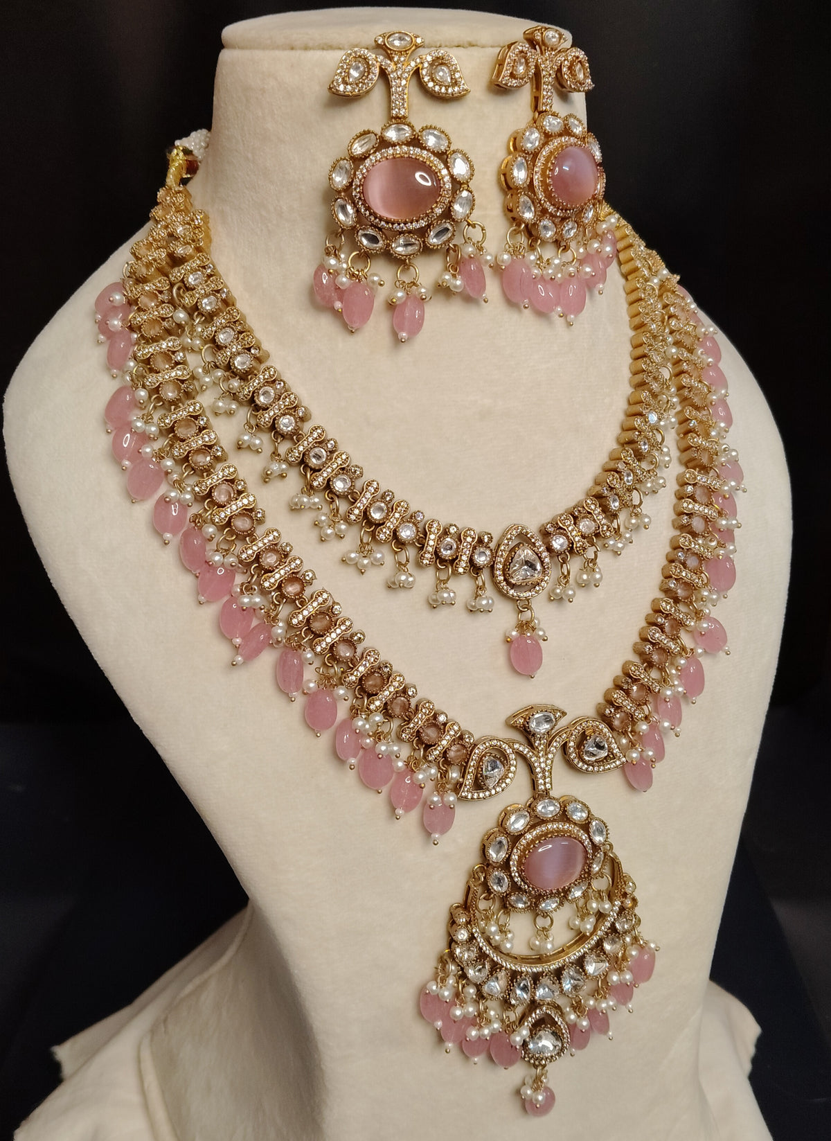 Indian Bridal Blush Pink Moissanite Necklace Set Traditional Wedding Earrings Roz Jewellers